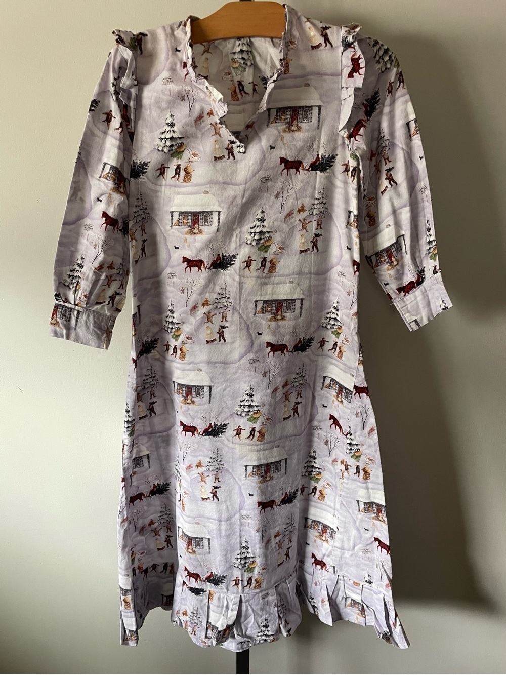 Vintage Winter Village Flannel Nightgown Ruffled Cottagecore Grandma Kids Girls